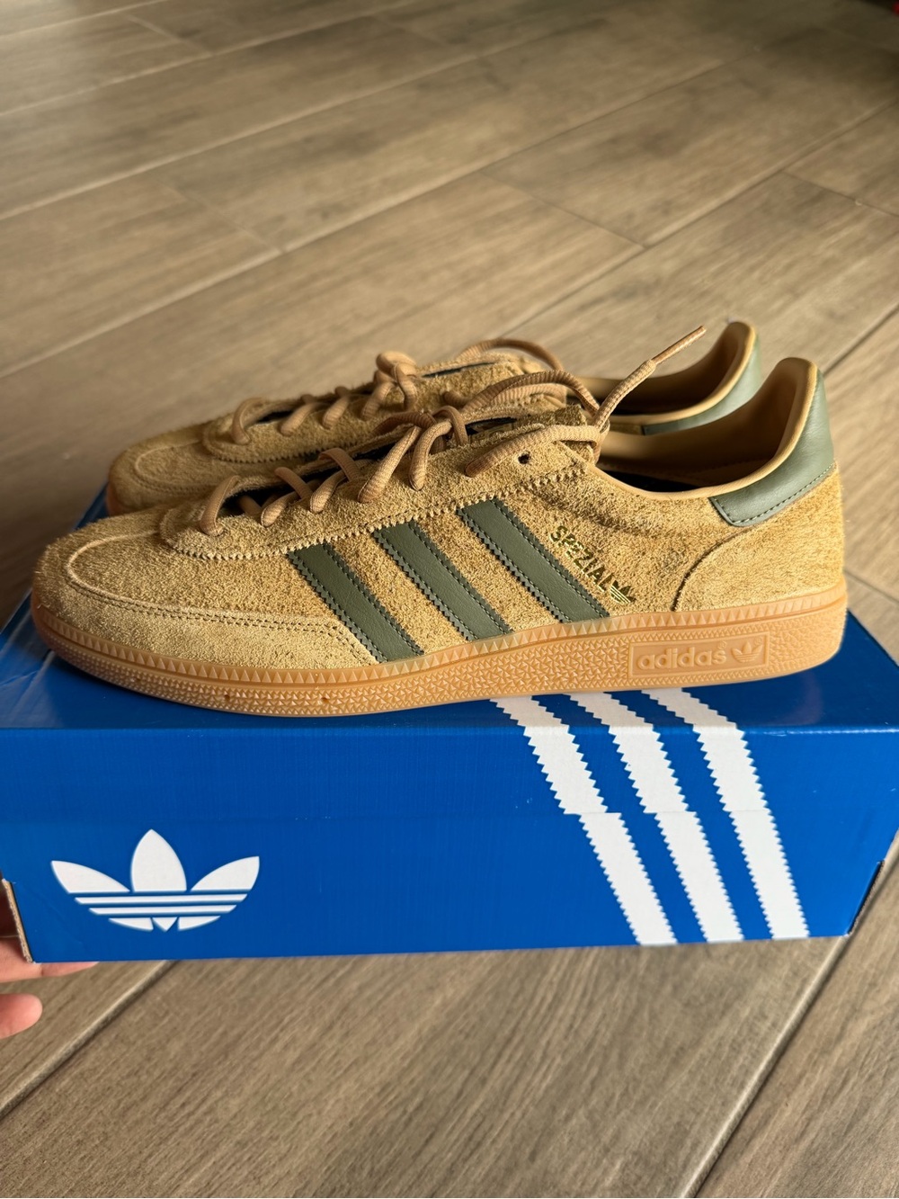 adidas Handball Spezial Sneakers in Tan with Green Stripes - Picture 2 of 7